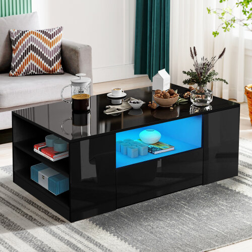 Black LED Coffee Table Wooden Drawer Storage High Gloss Modern Living Room Furniture