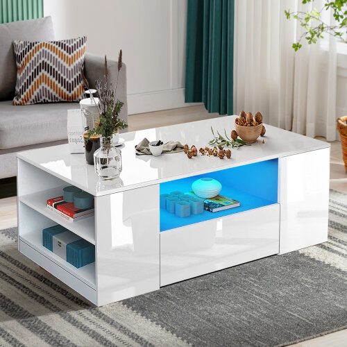 White LED Coffee Table Wooden Drawer Storage High Gloss Modern Living Room Furniture